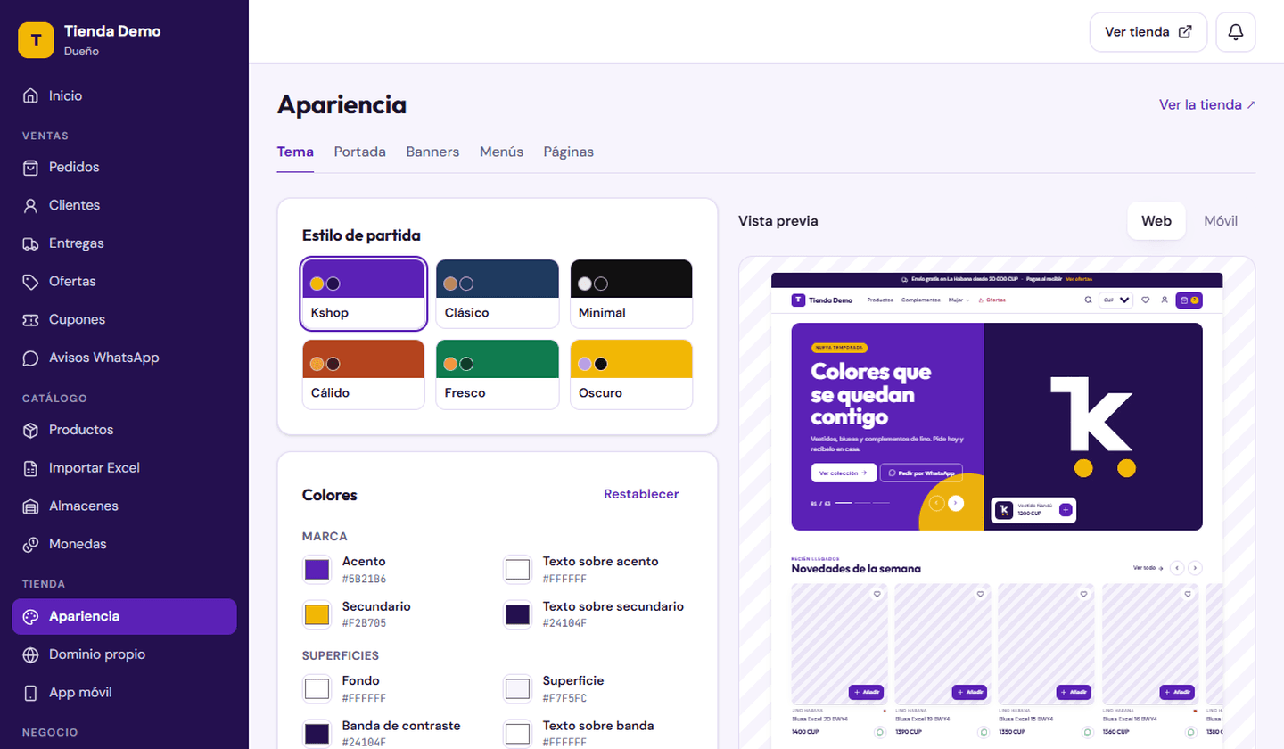 Appearance: style, colors and live preview