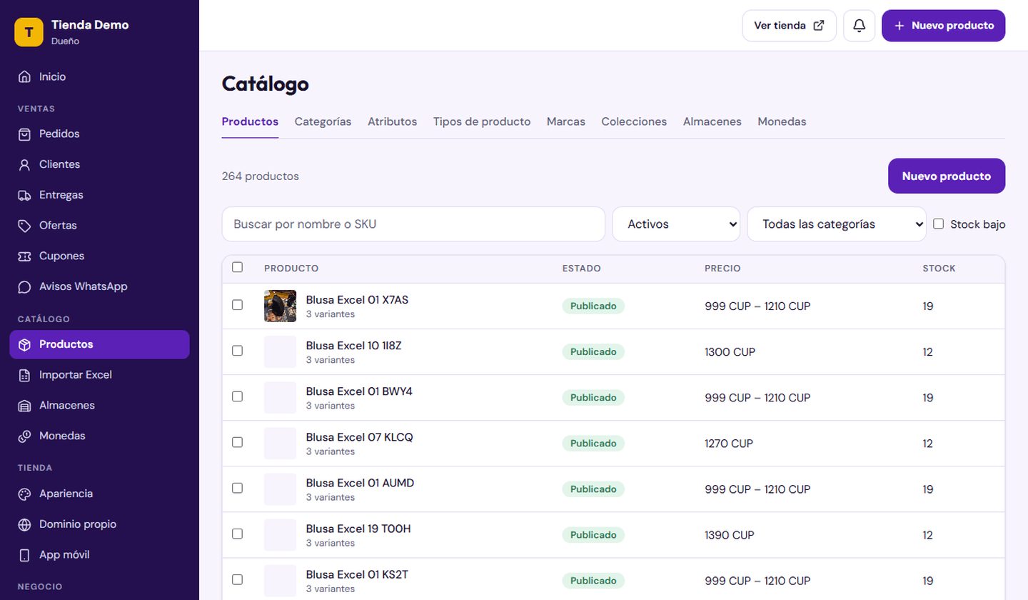 Catalog with variants, prices and stock