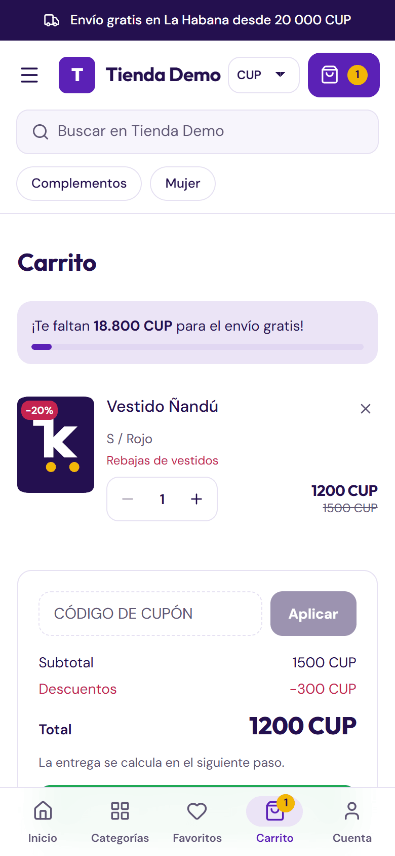 Cart with a coupon and free shipping