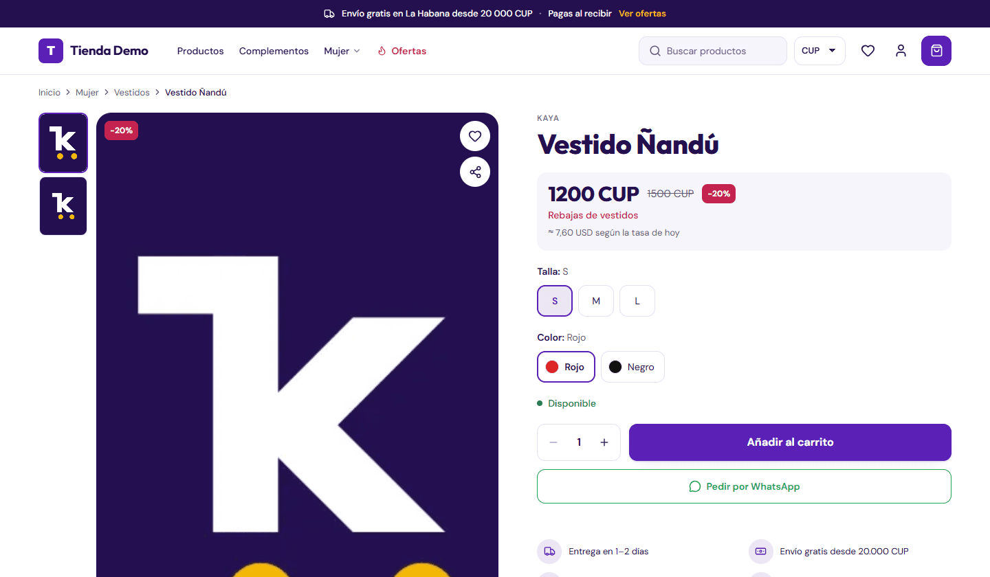 Product page with sizes, colors, an offer and the price in another currency