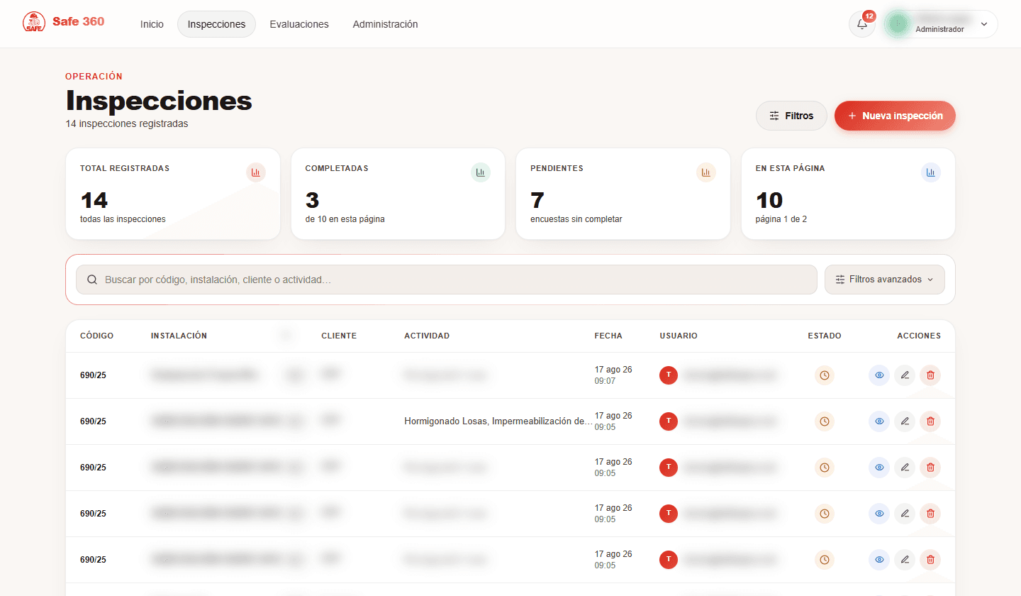 Listado de inspecciones con filtros